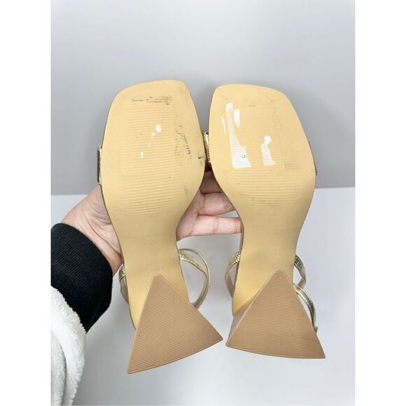 BP Sandals Womens Size 5 Gold Parker Ankle Strap Chunky Triangular Heels - Picture 10 of 10